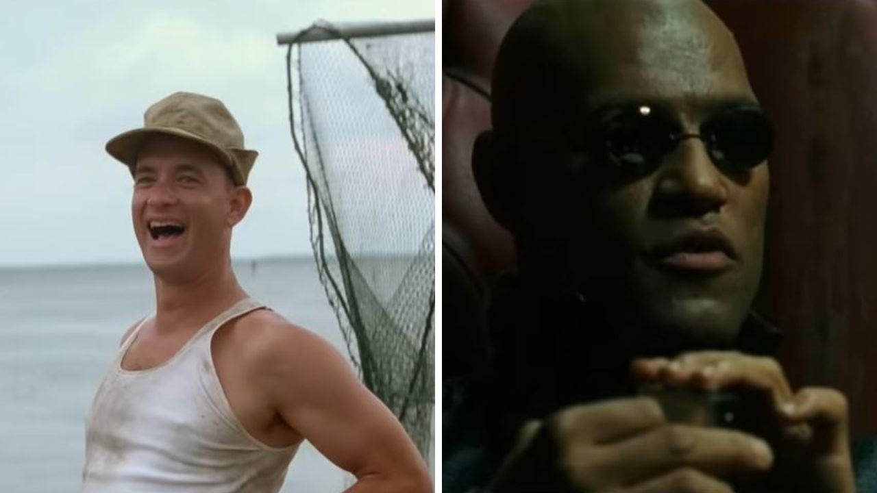 Dvaja ikonickí filmoví hrdinovia v rozdielnych scénach: jeden na rybolove, druhý v tmavých okuliaroch.