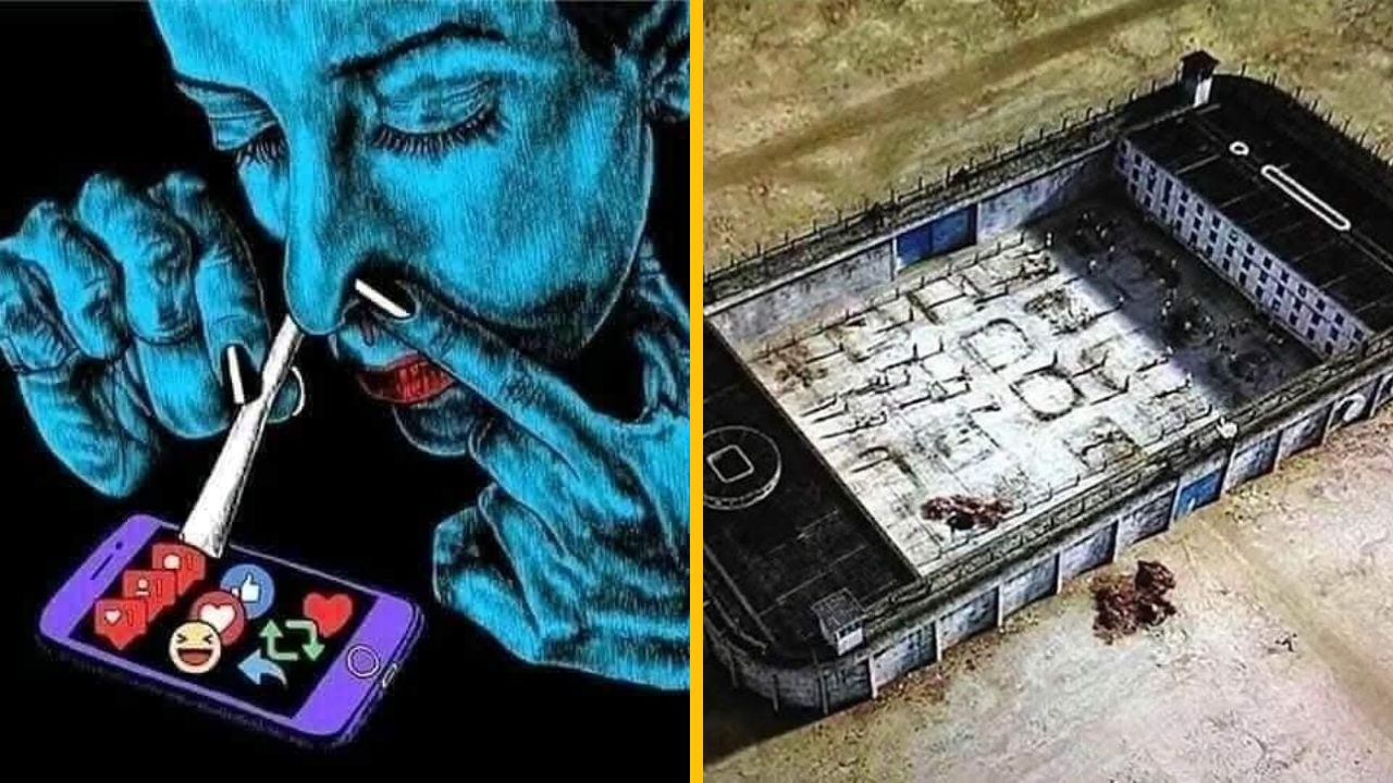 Osoba závislá na sociálnych médiách vedľa budovy pripomínajúcej väzenie. Kritika digitálnej závislosti.