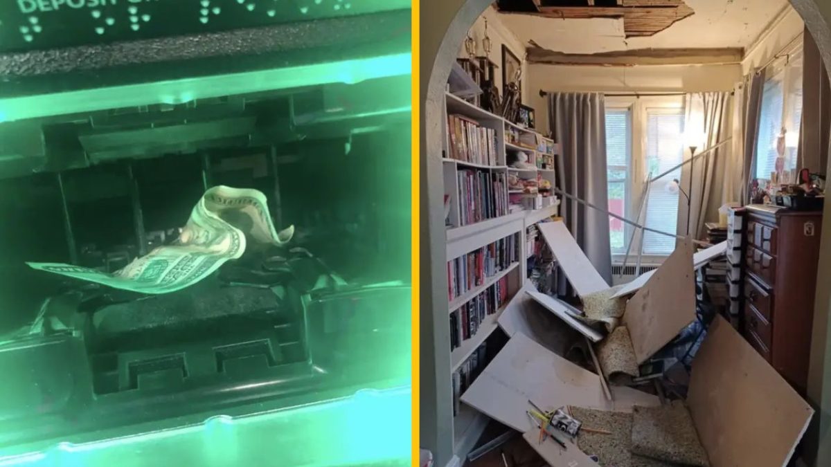 Peňažný vklad do bankomatu vedľa zrúteného stropu v izbe plnej kníh.