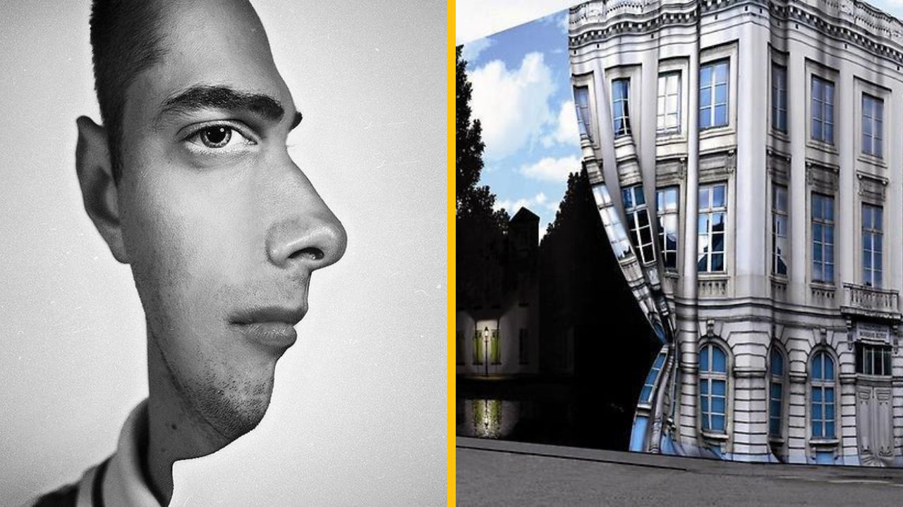Ľavá strana: profil muža v optickej ilúzii. Pravá strana: budova s deformovaným vzhľadom pripomínajúca surrealistický obraz.