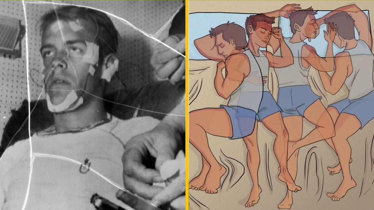 Muž s pripojenými senzormi a ilustrácia štyroch spiacich pozícií na posteli.