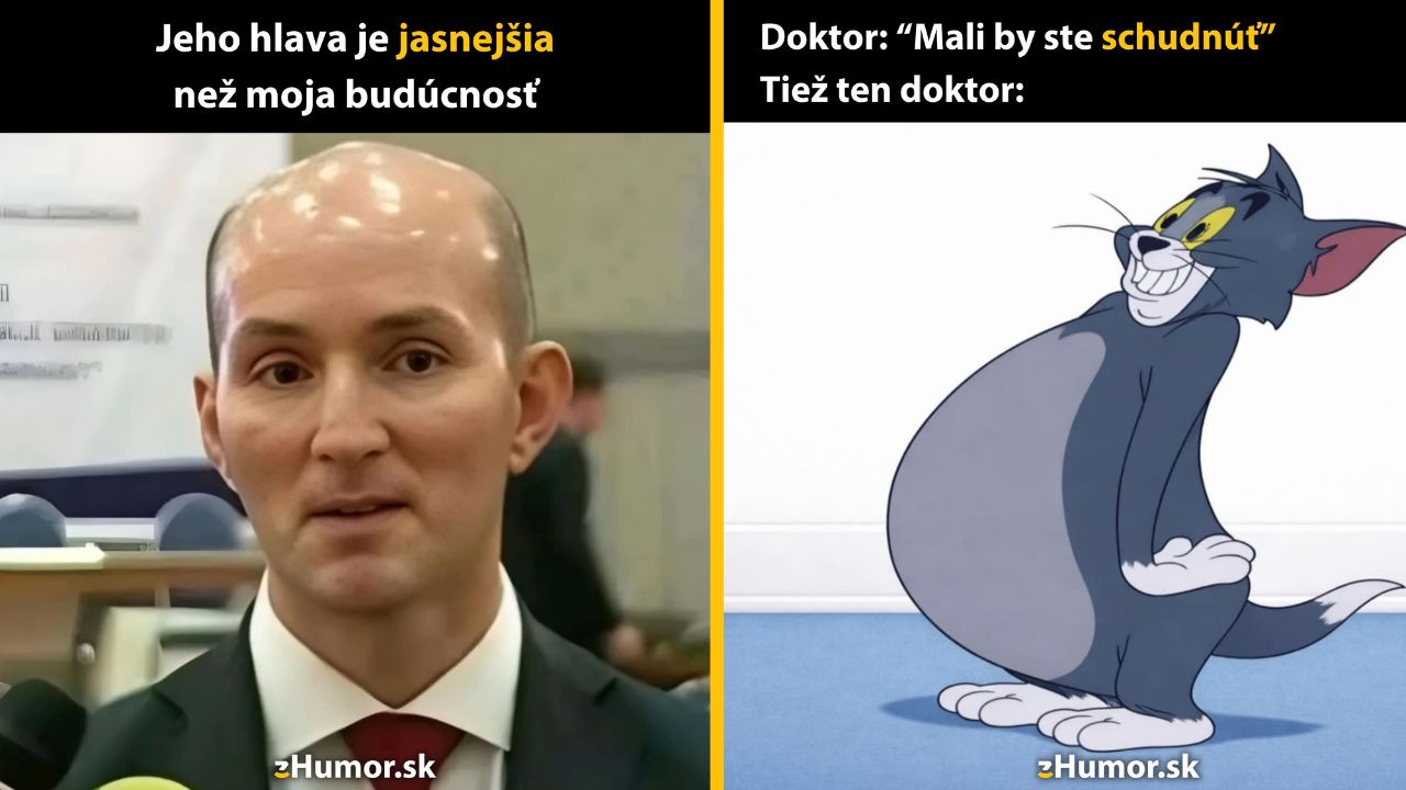 Muž s lesklou hlavou a kreslený kocúr Tom s veľkým bruchom vo vtipnom kontexte o budúcnosti a chudnutí.