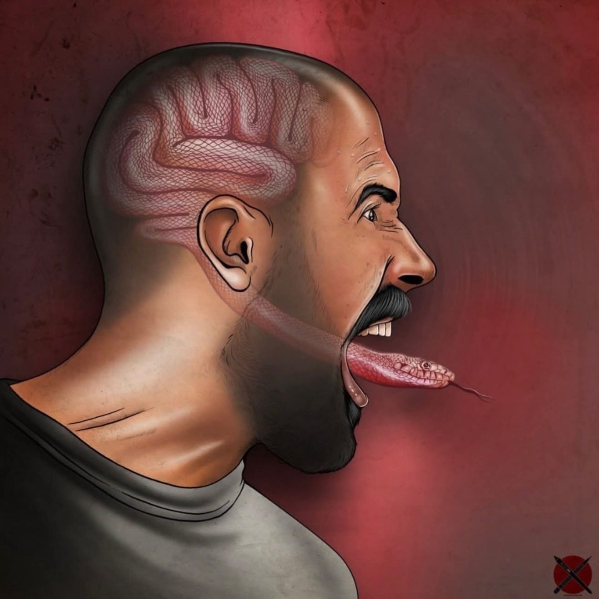 Ilustrácia muža so zjavným mozgom a jazykom v tvare hada, symbolizujúca ľstivosť.