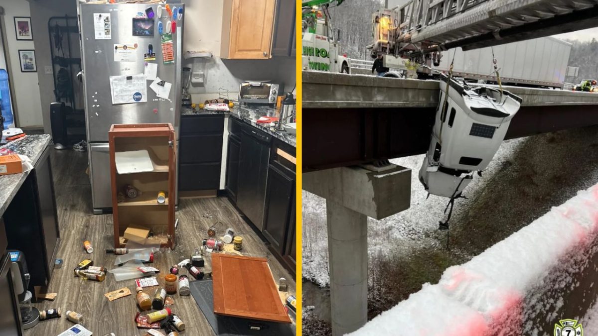 Neporiadok v kuchyni a auto visiace z mosta po nehode na zasneženej ceste.