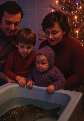 Rodina pri vani so živým kaprom počas Vianoc, zdobený stromček v pozadí.