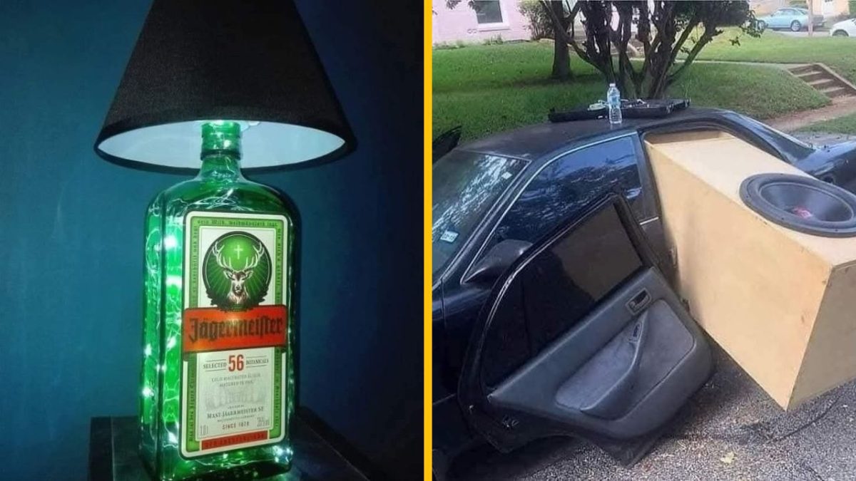 Lampa z fľaše s čiernym tienidlom a auto s veľkým reproduktorom v kufri. Kreatívne použitie bežných predmetov.