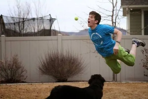 Osoba skáče vo vzduchu, snaží sa chytiť tenisovú loptičku; v popredí je pes.