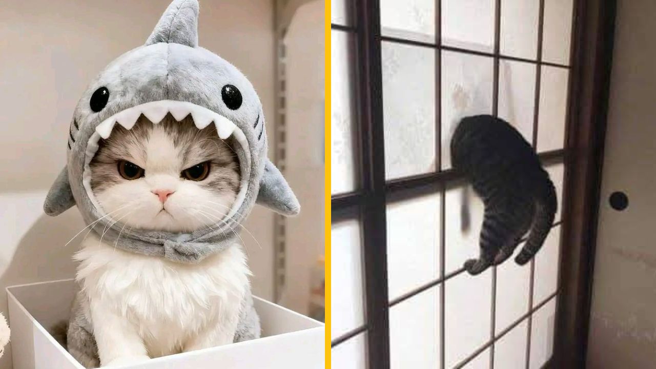 Na obrázku je mačka v kostýme žraloka a ďalšia mačka prechádzajúca cez dvere. Hravé a vtipné scény.