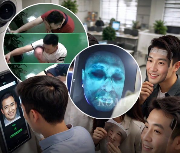 Neznámi ľudia testujú systémy rozpoznávania tváre v kancelárii, používanie masiek a kreatívne prístupy.