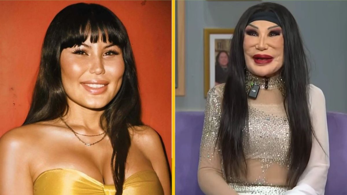 Dve ženy s výrazným líčením a dlhou tmavou parochňou, každá na inej strane obrázka.