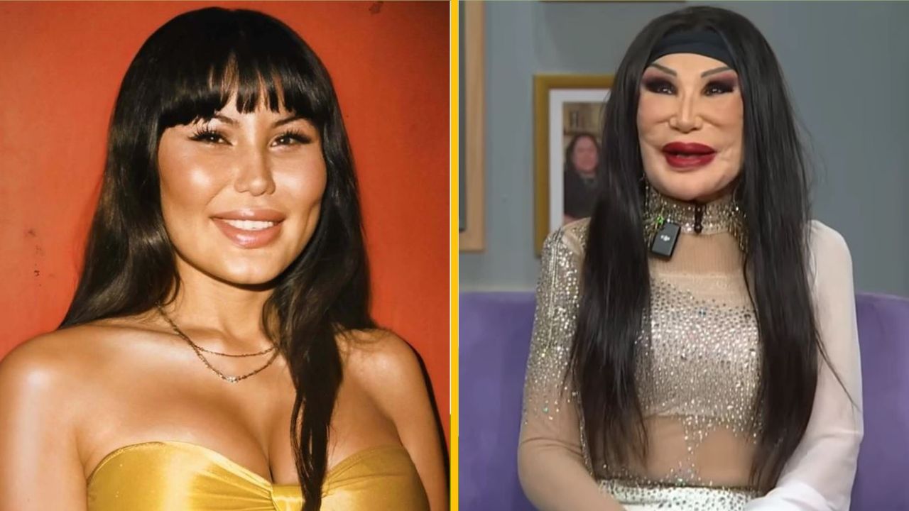 Dve ženy s výrazným líčením a dlhou tmavou parochňou, každá na inej strane obrázka.