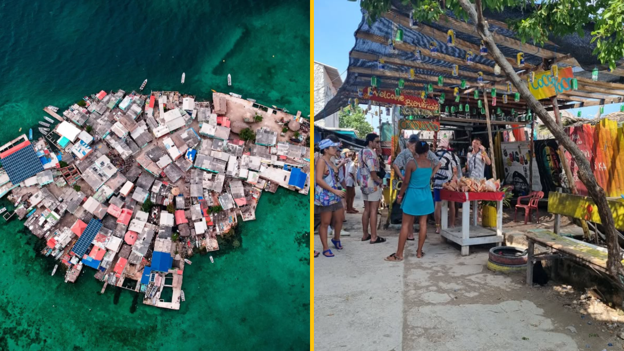 Letecký pohľad na husto zastavaný ostrov s trhom, ľuďmi a stánkami pod stromami v tropickom prostredí.