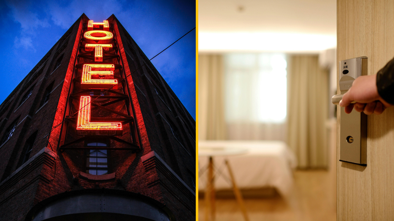 Nočný pohľad na neónový znak hotela a vstup do komfortnej hotelovej izby.