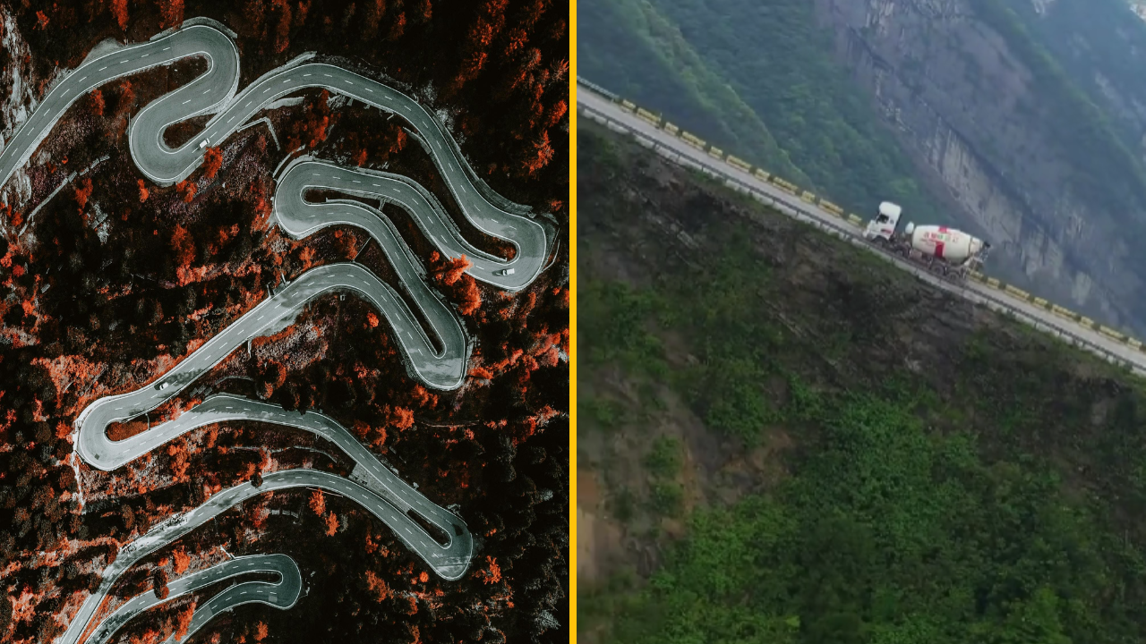 Kľukatá horská cesta v lese a nákladné auto na úzkej ceste nad útesom, zelená krajina, vzrušujúca jazda.