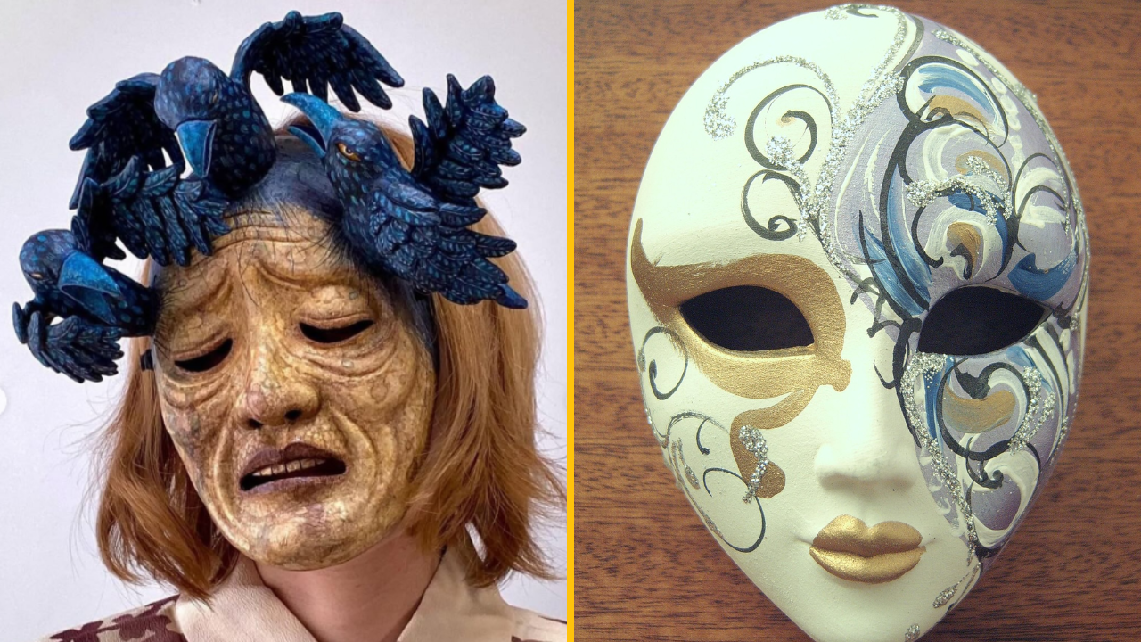 Dve umelecké masky, jedna s modrými vtákmi a druhá bohato zdobená ornamentmi.