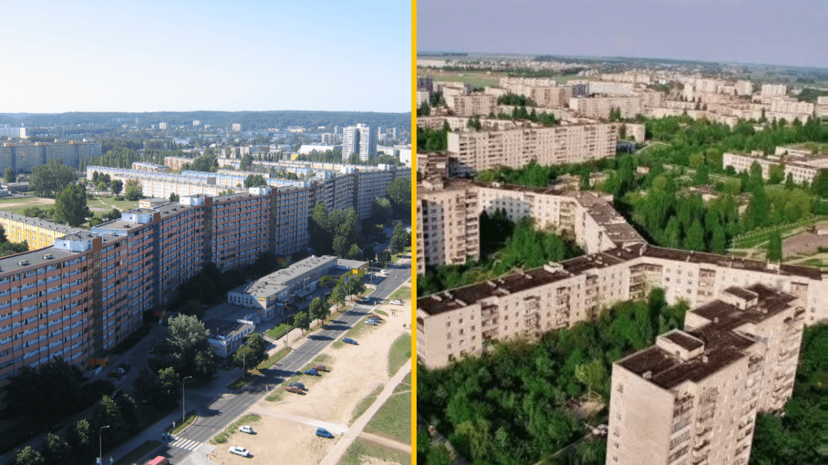 Mestské paneláky obklopené prírodou, pohľad z výšky na dve rôzne sídliská za jasného dňa.