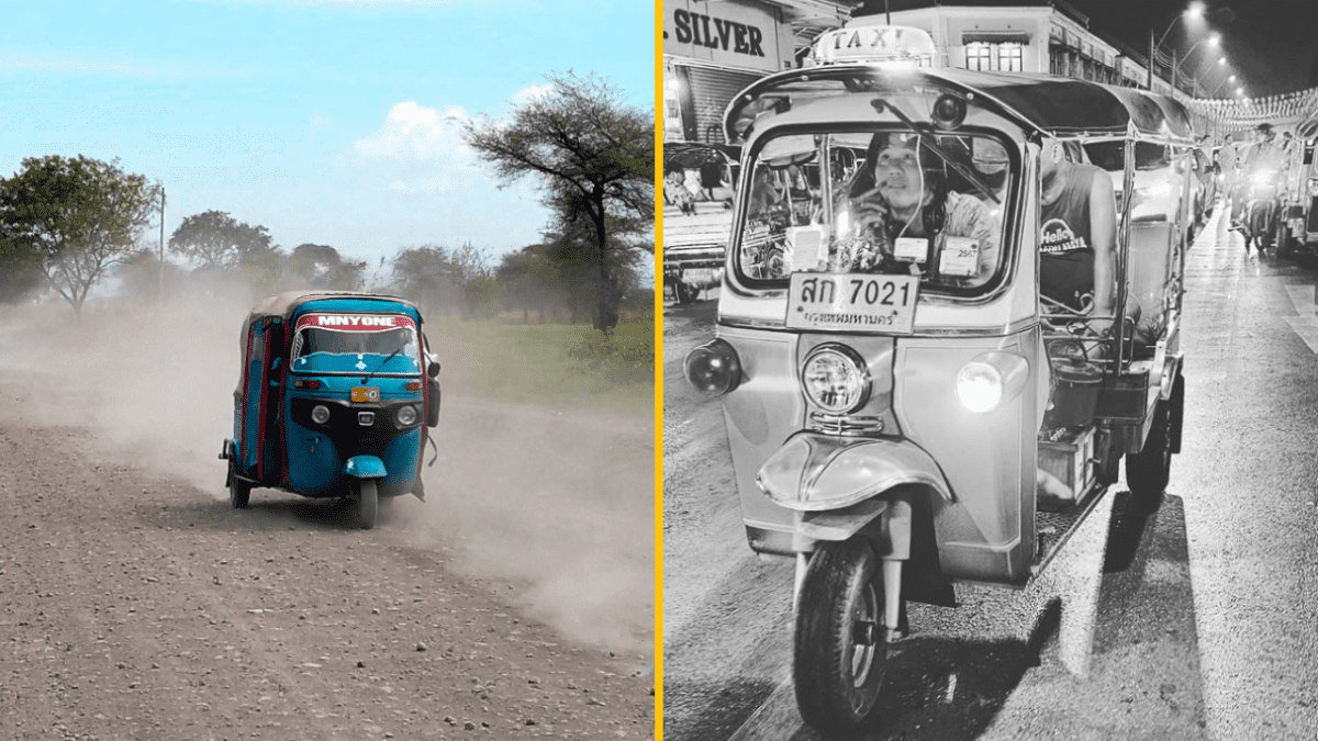 Farebné a čiernobiele tuk-tuky z rôznych prostredí: prašná cesta a nočná mestská ulica.