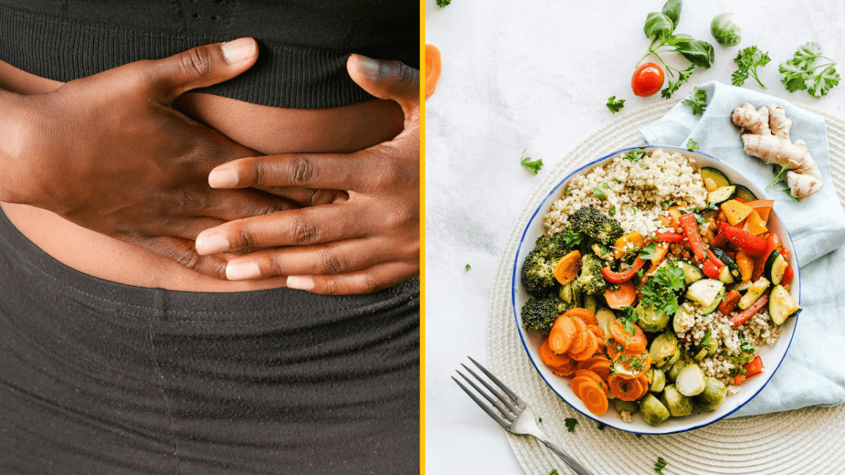 Osoba s rukou na bruchu vedľa misky so zdravým jedlom, pestrá zelenina a quinoa.