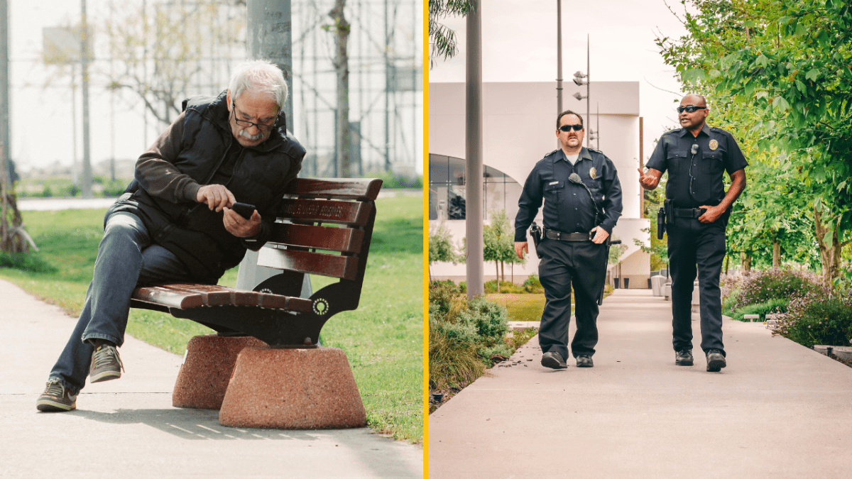 Starší muž s mobilom na lavičke; dvaja policajti na prechádzke po chodníku v parku.