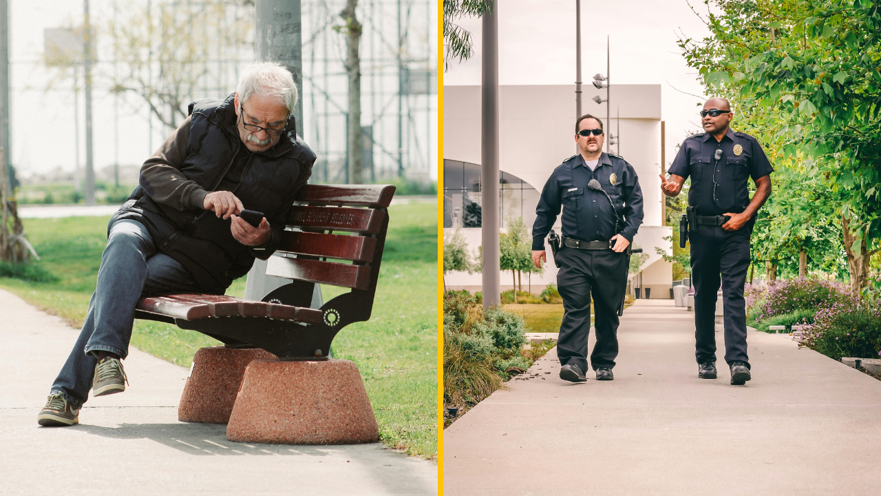 Starší muž s mobilom na lavičke; dvaja policajti na prechádzke po chodníku v parku.