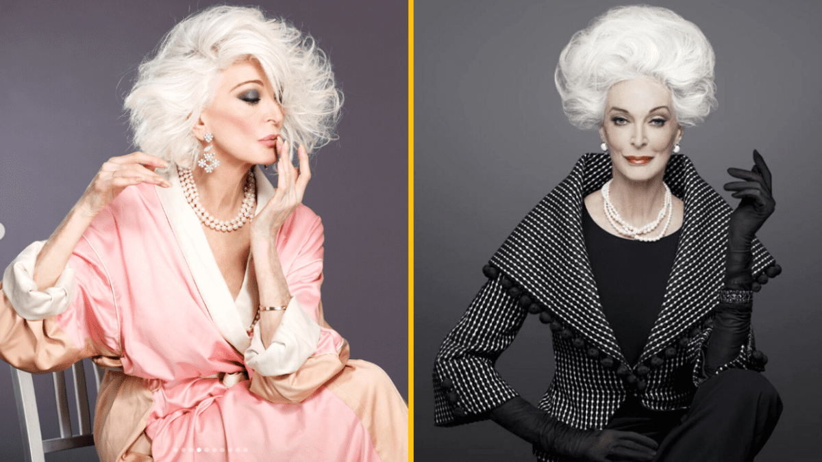 Staršia dáma so šedými vlasmi pózuje v elegantných outfitoch, módne doplnky zvýrazňujú jej štýlovosť a pôvab.