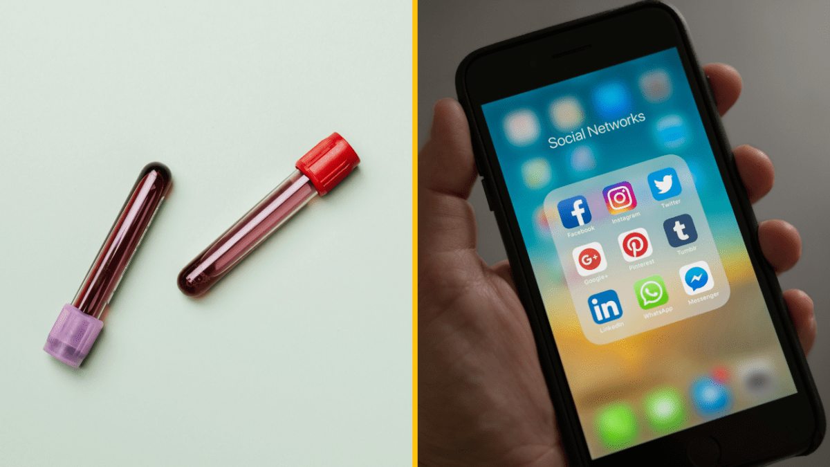 Skúmavky s krvou a telefón so sociálnymi sieťami symbolizujú moderné prepojenie zdravia a technológií.