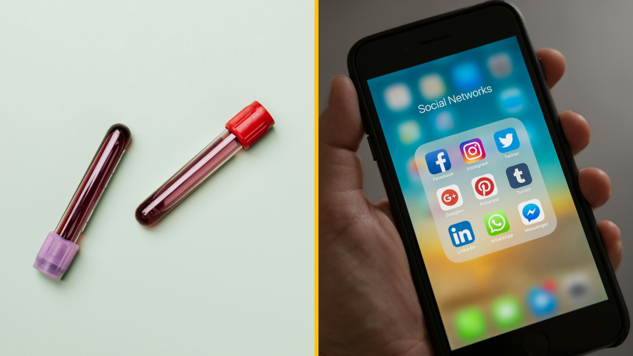 Skúmavky s krvou a telefón so sociálnymi sieťami symbolizujú moderné prepojenie zdravia a technológií.