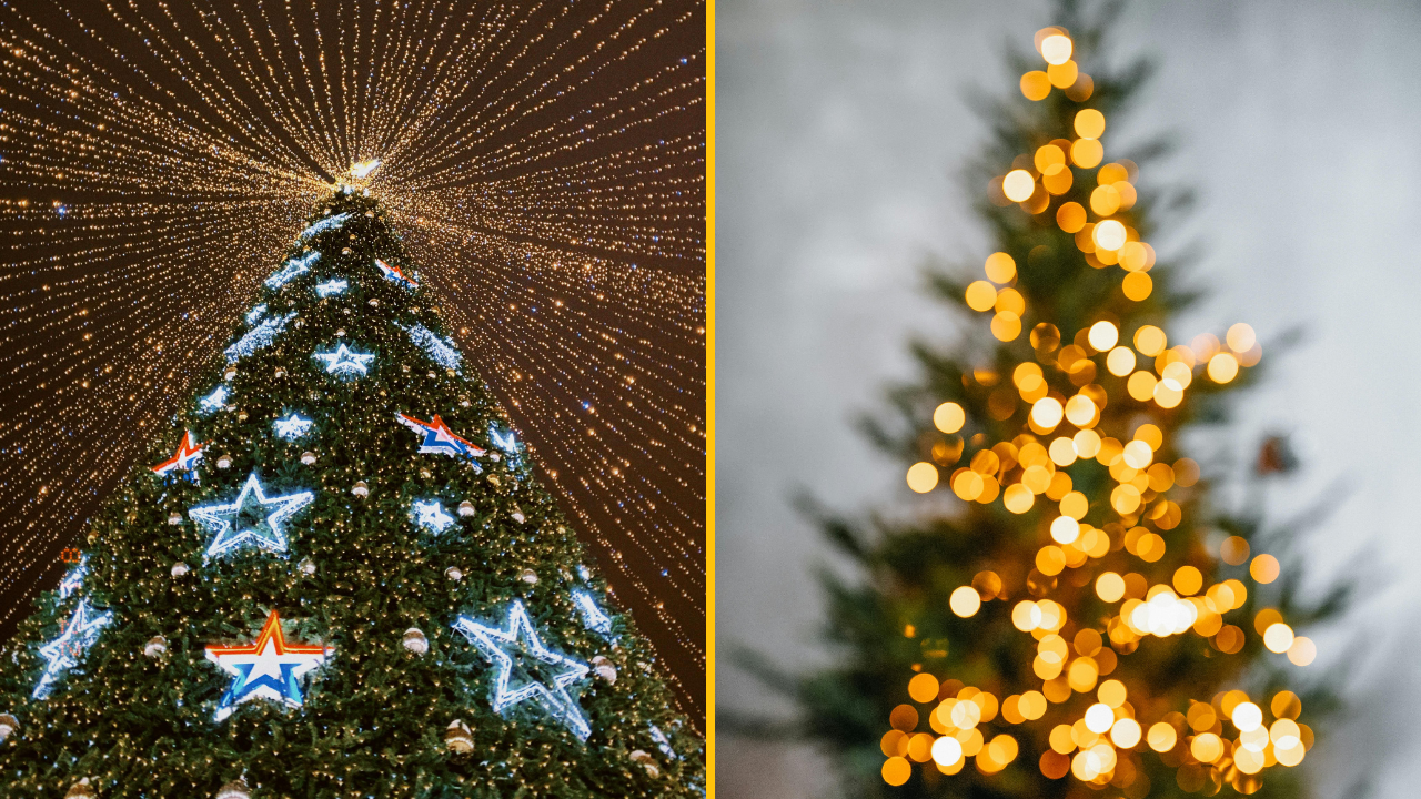 Osvetlený vianočný stromček s hviezdami v noci, vedľa rozmazaných svetiel iného stromčeka.