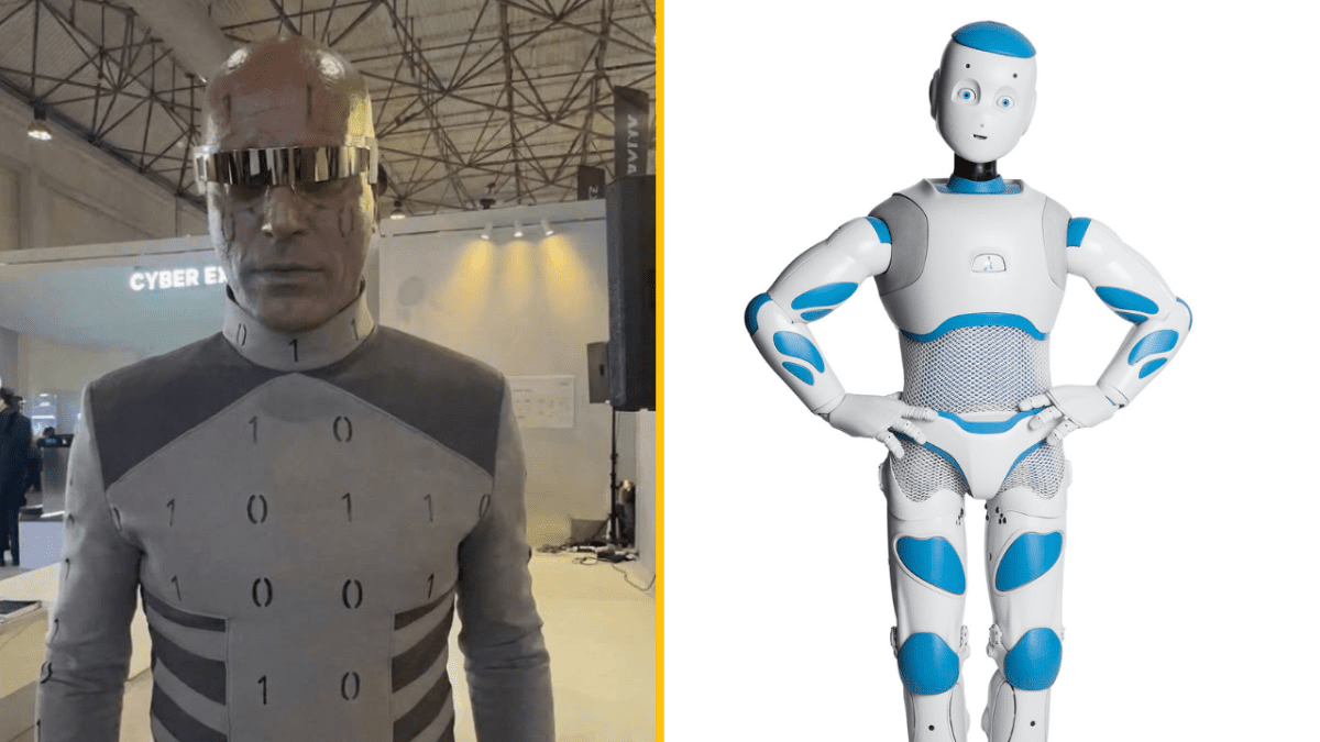 Ľudský robot v futuristickom oblečení vedľa moderného humanoidného robota na technologickej výstave.