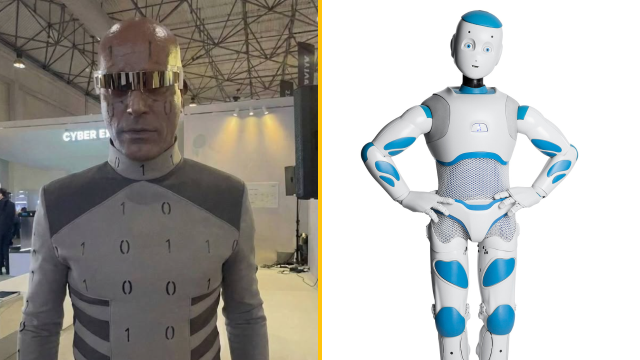 Ľudský robot v futuristickom oblečení vedľa moderného humanoidného robota na technologickej výstave.