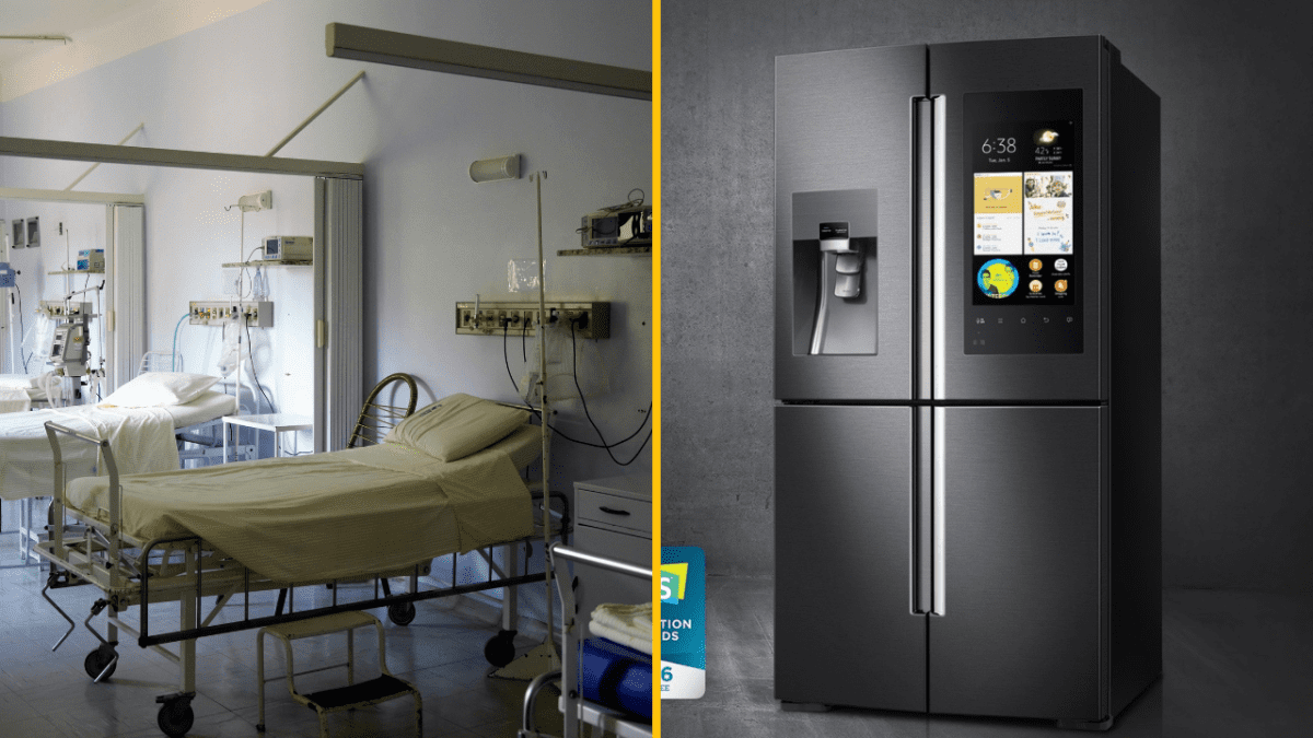 Nemocničná izba s prístrojmi a inteligentná chladnička s dotykovým displejom.