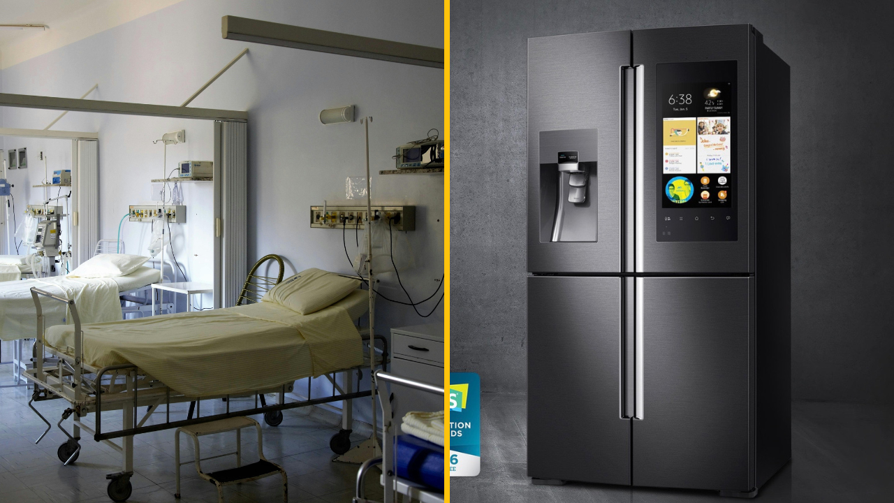 Nemocničná izba s prístrojmi a inteligentná chladnička s dotykovým displejom.