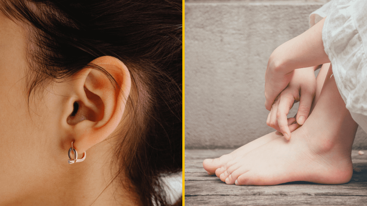 Osoba s náušnicou a detail nohy v bielych šatách, pozadie s drevenou podlahou a betónom.