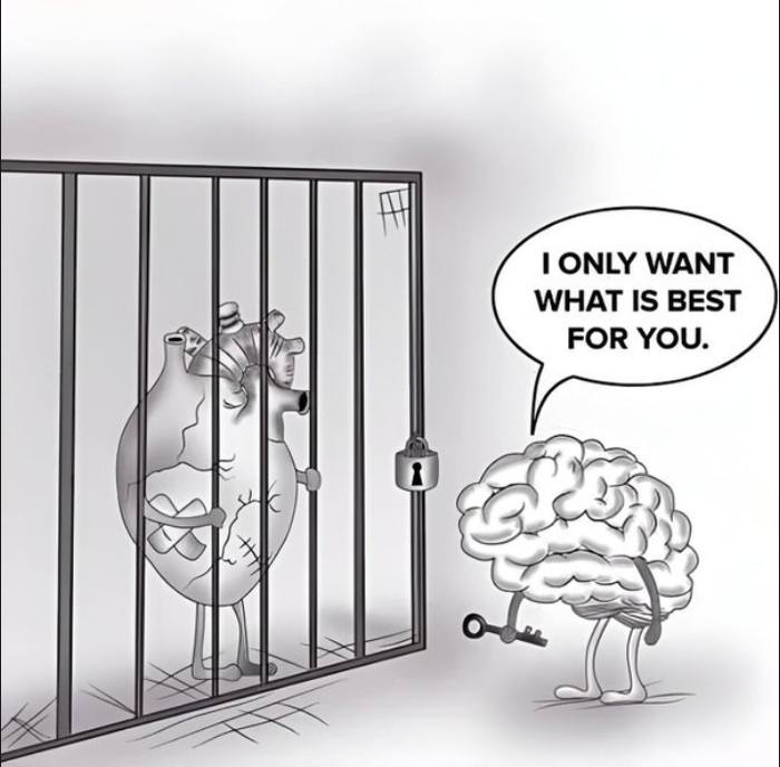 Mozog drží srdce v cele s nápisom Len chcem to, čo je pre teba najlepšie. Symbolizuje konflikt emócií a rozumu.