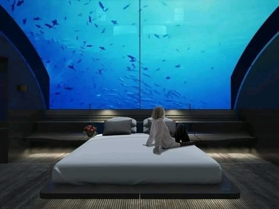 Podmorská izba s veľkým akváriom, osoba na posteli obdivuje plávajúce ryby.