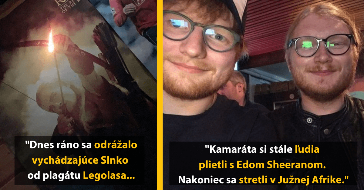 Plagát Legolasa so svetlom a dvaja muži, z ktorých jedného si mýlia s Edom Sheeranom.