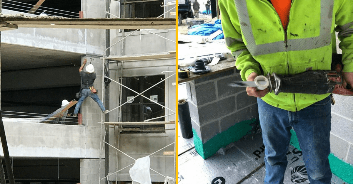 Stavebné riziko: Pracovník na lešení bez zabezpečenia a robotník s nebezpečným elektrickým náradím.