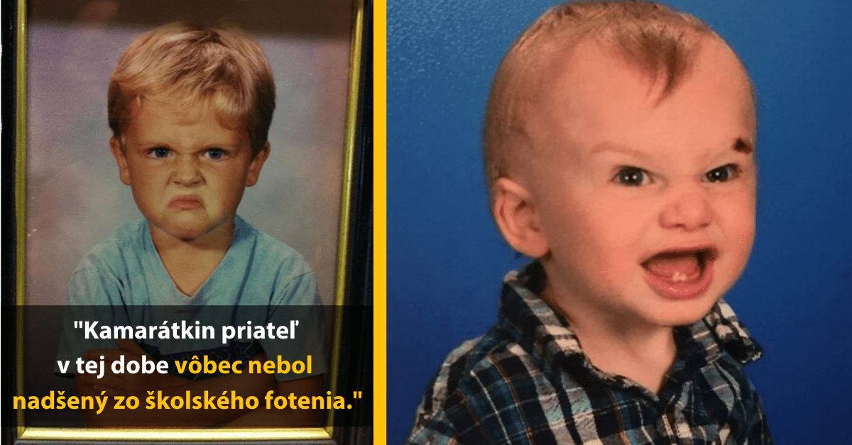 Dve detské fotky: jedno dieťa s mrzutým výrazom, druhé nadšene sa usmieva na modrom pozadí.