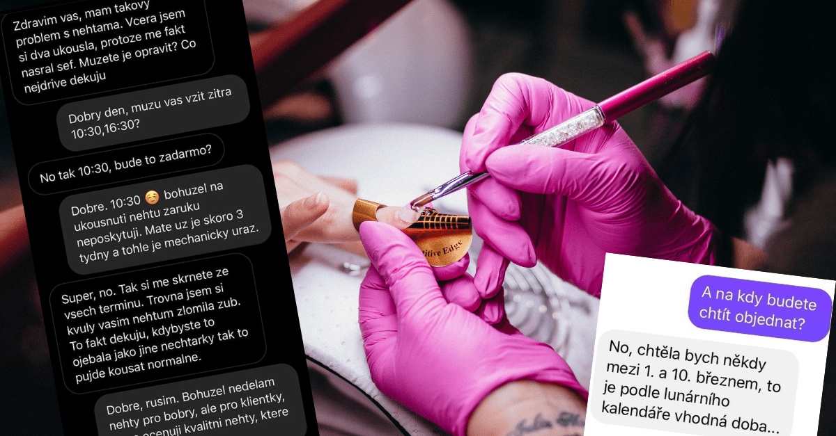 Manikérka v ružových rukaviciach tvaruje nechty klientke, vedľa textová konverzácia.