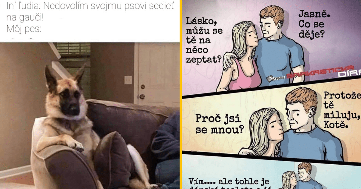 Pes pohodlne sedí na gauči, vedľa vtipný komiks o vzťahu a otázkach lásky.