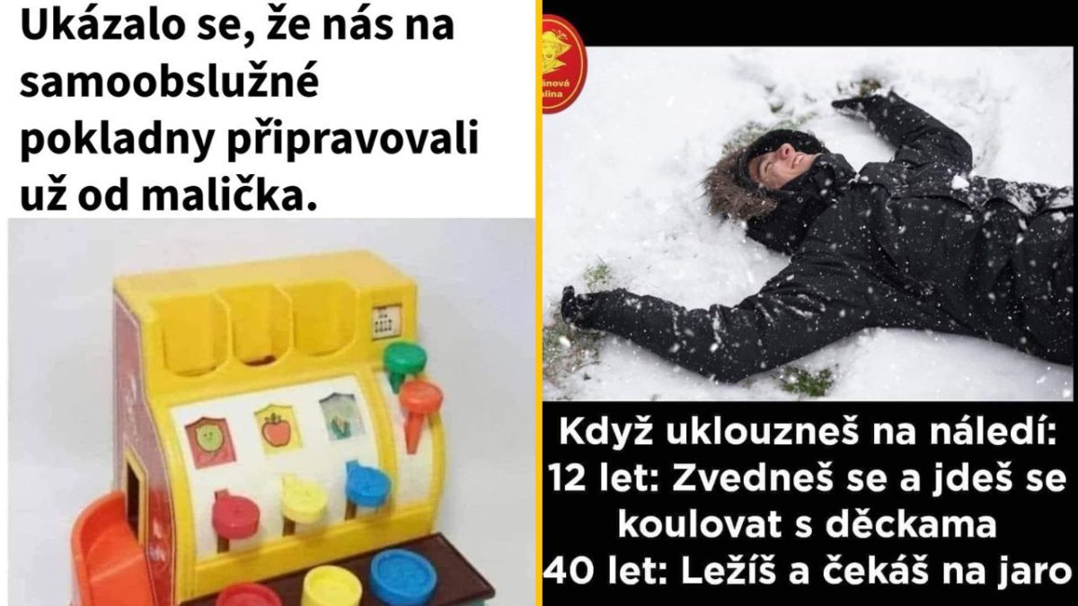 Hračka a človek ležiaci v snehu s vtipným komentárom o detskom vzdelávaní pre budúcnosť.