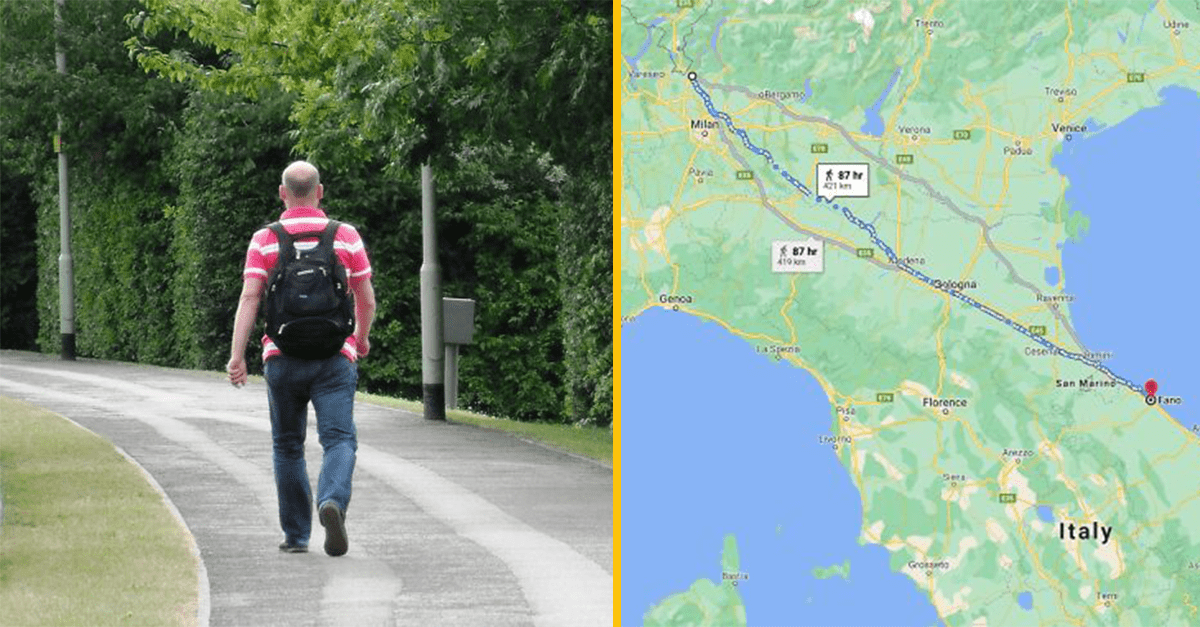 Muž kráča po chodníku vedľa mapy s trasou 421 km z Milána do Fano, pešo na 87 hodín.