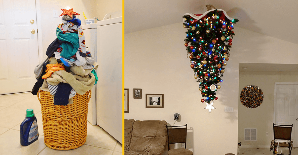 Košík preplnený oblečením vedľa práčky a obrátený vianočný stromček visiaci zo stropu.
