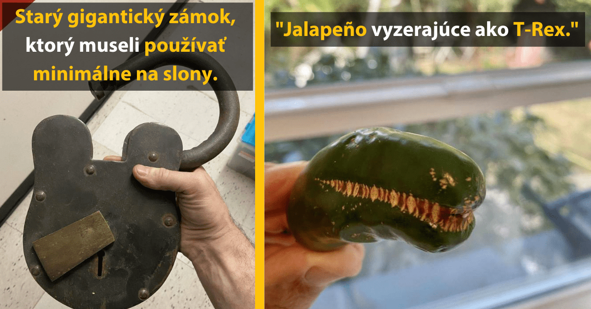 Gigantický zámok a jalapeño pripomínajúce T-Rexa držiace v rukách na svetlom pozadí.
