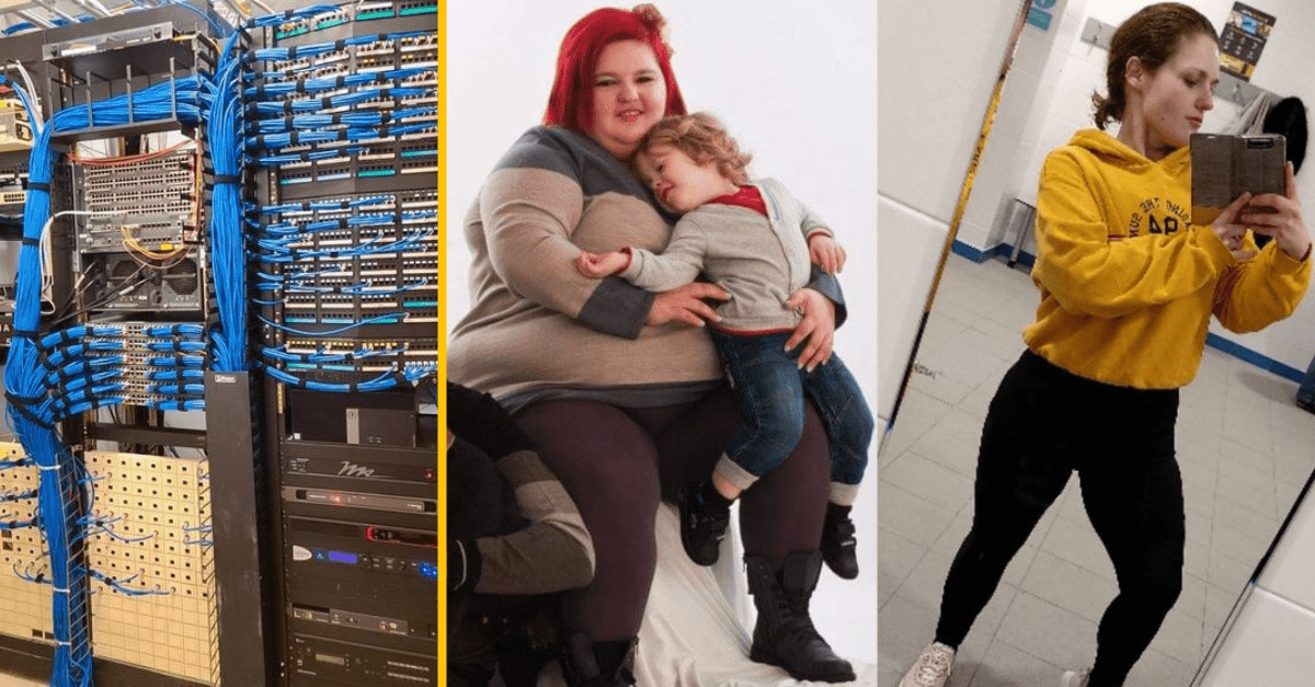 Technická serverová miestnosť, žena s dieťaťom a mladá žena pred zrkadlom v žltej mikine.