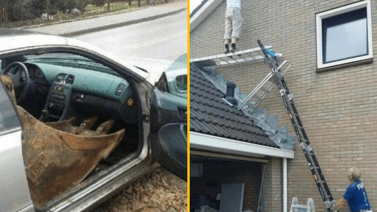 Auto s lyžicou z bagra vo dverách a riskantne položený rebrík na šikmej streche.