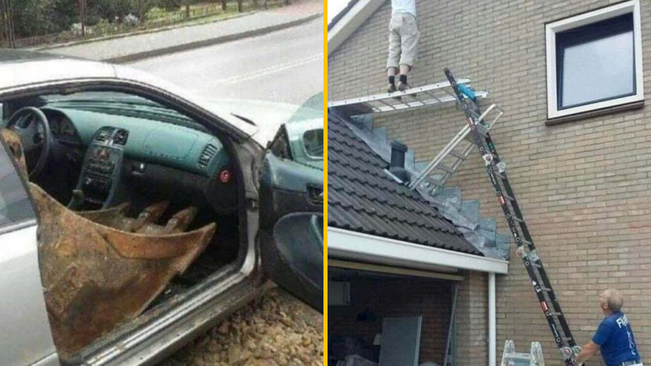 Auto s lyžicou z bagra vo dverách a riskantne položený rebrík na šikmej streche.