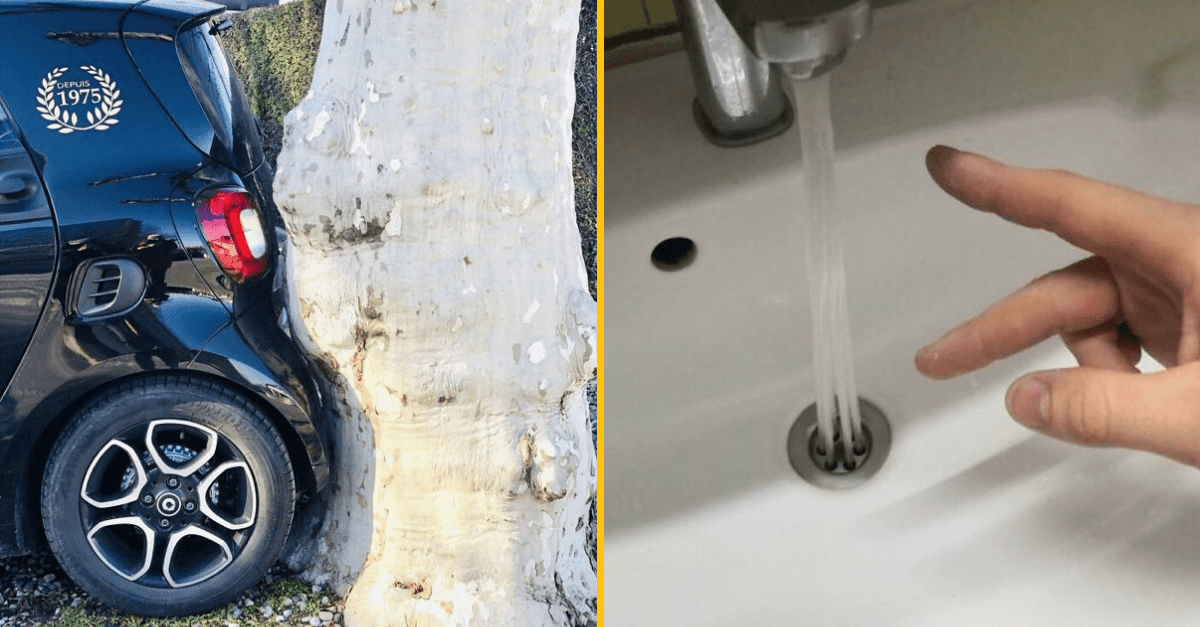 Auto zaparkované pri strome a ruka dotýkajúca sa vody v umývadle.