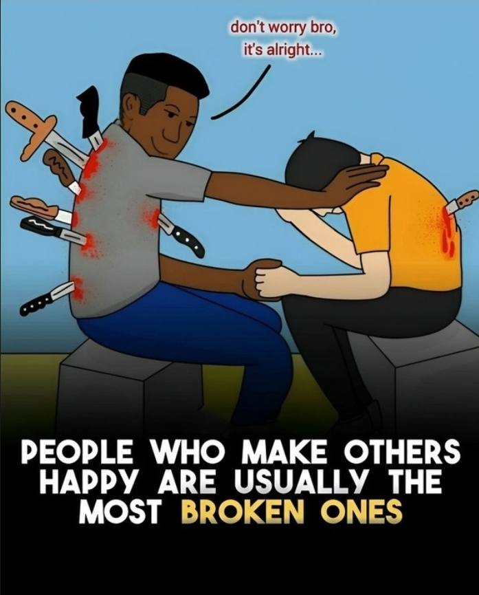 Dve postavy s nožmi v chrbte si poskytujú podporu, znázorňujú vnútorné boje navzdory úsmevom navonok.