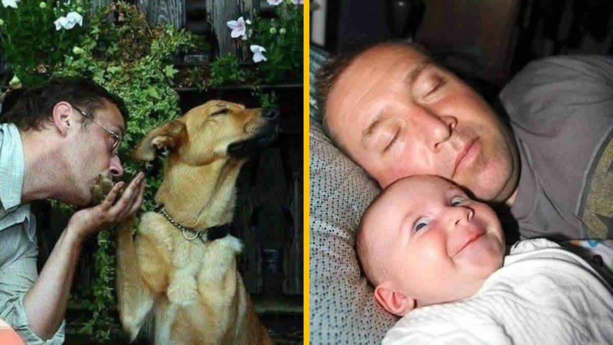 Muž šepká psovi v záhrade; na druhej fotke spí muž s bábätkom, ktoré žmurká na kameru.